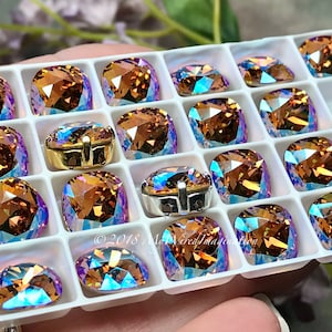 LAST ONE Light Colorado Topaz Shimmer Genuine Swarovski, 4470 Cushion Square Crystal, Rhinestone in Setting, Shimmer Finish, Topaz Shimmer