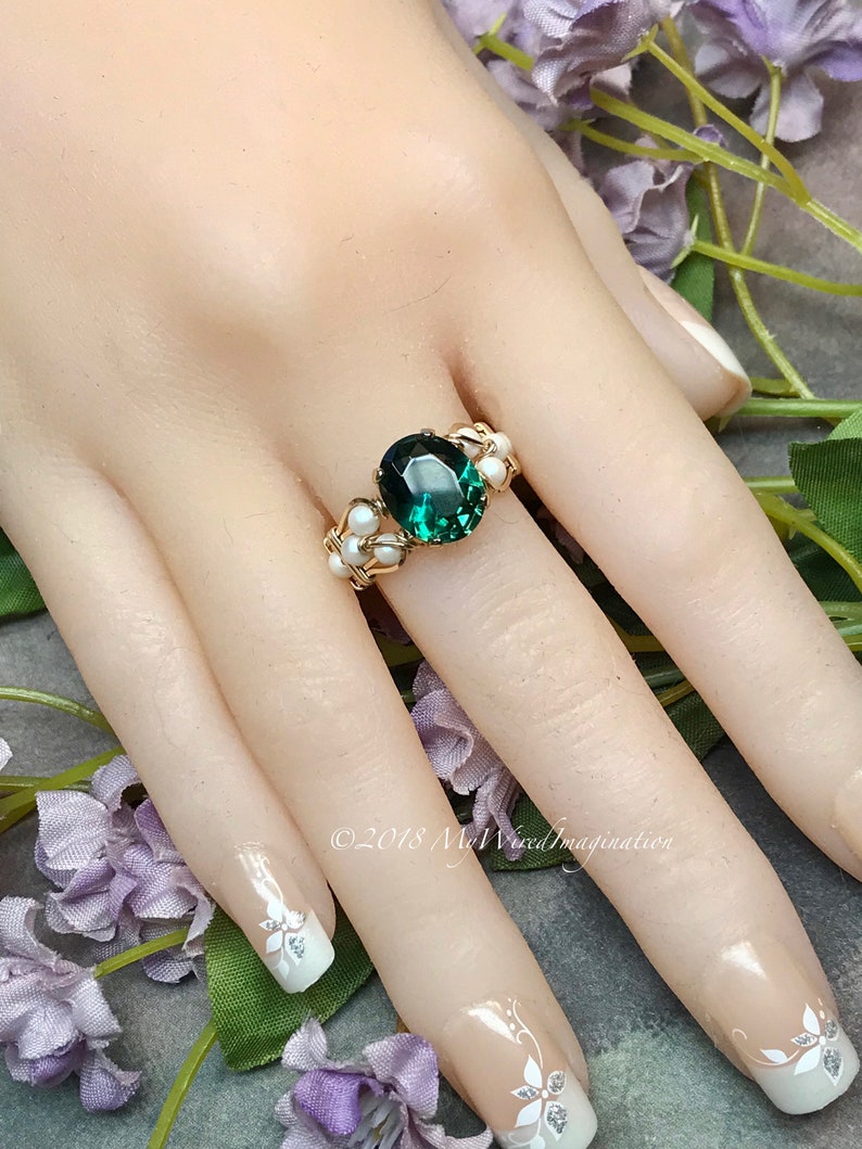 Green Quartz & Pearl Ring Dark Emerald Green Handmade Ring Etsy