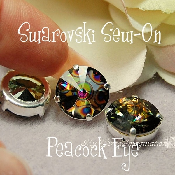 12mm Peacock Eye Rivoli 1122, Sew On Swarovski Crystal W/Prong Setting, Crystal Sew On, Swarovski in Setting,Bead Embroidery