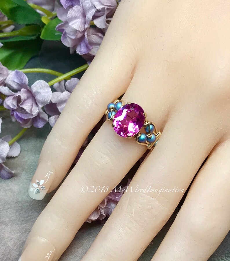 Hot Pink Sapphire Handmade Ring, with Blue Pearl or Rose Pink Crystals, Lab Created Sapphire Swarovski Pearl Ring image 8