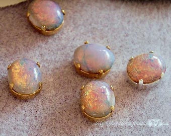 Pink Fire Opal, 2 Pcs 12x10, Vintage West German Glass Cabochon with Setting