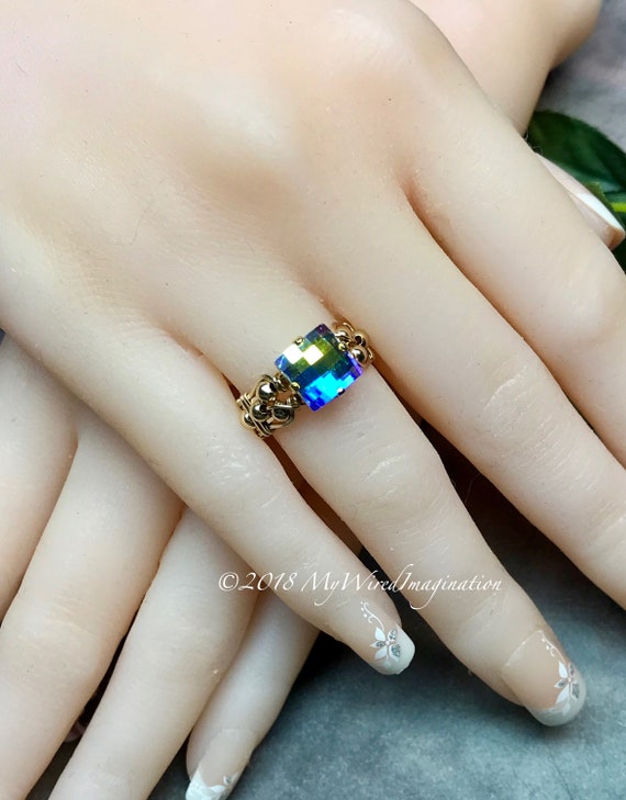 Swarovski Checkerboard Cut Crystal AB Handmade Ring, Vintage