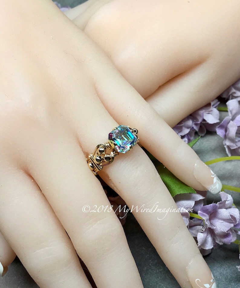 Vintage Double Cut Swarovski CAL V Crystal AB Handmade Ring, Vintage Swarovski Crystal Ring. Unique Engagement Gift image 1