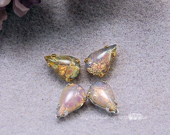 Pink Fire Opal Vintage West German Glass Cabochon, 13 x 7.8mm Pear-Teardrop Shape, 2 Pieces Crystal Sew On, Bead Embroidery Component