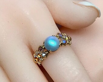Swarovski Pearl Handmade Ring, Iridescent Light Blue-Pearl & Crystal, Unique Engagement