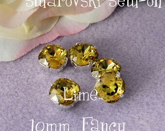 Lime Vintage Swarovski Crystal 10mm Cushion Cut 4470, Crystal Sew On, Lime with Setting, Bead Embroidery, Jewelry Making