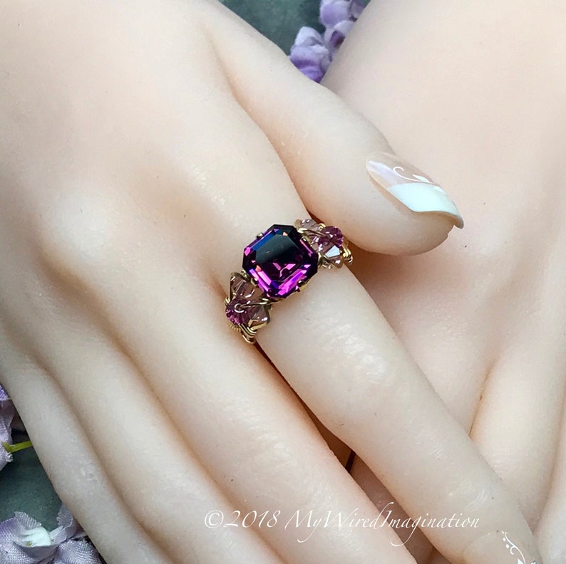 Amethyst Ring Genuine Swarovski Vintage Crystal Handmade Ring, Unique Engagement Ring, February Birthstone image 1