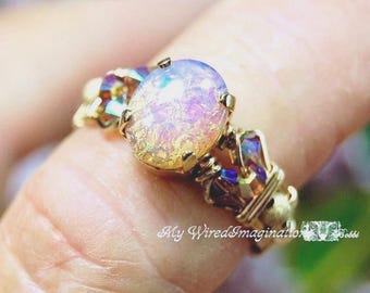 ピンクオパールハンドメイドリング、ヴィンテージ西ドイツガラスストーン、SSまたは14K GF