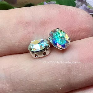 Swarovski Crystal AB 2 Pcs 8x6mm Oval Silver or Gold Plated Prong Setting, Vintage Swarovski Crystal Sew On, Bead Embroidery Component Silver Plated