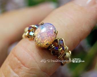 Dainty Pink Opal Ring Vintage West German Glass Stone, Handmade Ring, October Birthstone