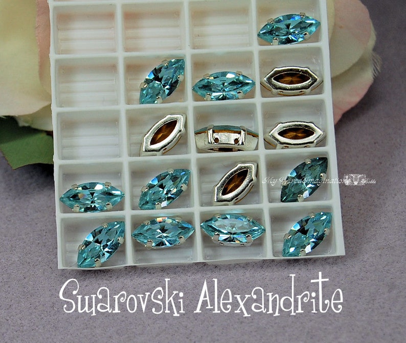 Alexandrite Color Change Crystal Vintage Swarovski, 15x7mm Navette, Art 4200 with Setting, June Birthstone, Bead Embroidery Component image 3
