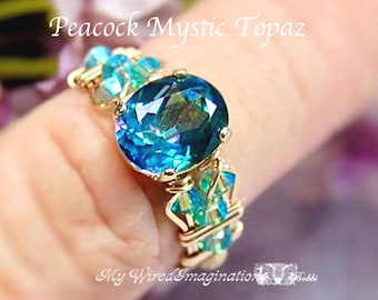 Peacock Rainbow Mystic Topaz Handmade Ring, Very LAST in SS or 14KGF, Unique Engagement