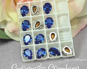 Cristal Swarovski vintage azul zafiro, 2 piezas, 10 x 7 mm, forma de pera 4320, con engaste.