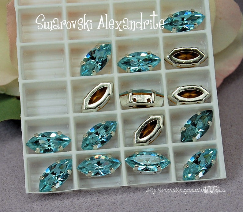 Alexandrite Color Change Crystal Vintage Swarovski, 15x7mm Navette, Art 4200 with Setting, June Birthstone, Bead Embroidery Component image 1