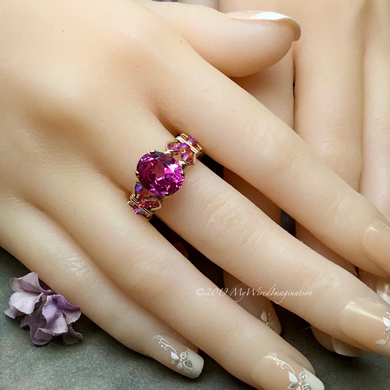 Hot Pink Sapphire Handmade Ring, with Blue Pearl or Rose Pink Crystals, Lab Created Sapphire Swarovski Pearl Ring image 4