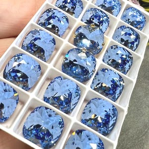 Light Sapphire, Genuine Swarovski Crystal, 12mm 4470 Square Cushion With Setting, Sky Blue Ocean
