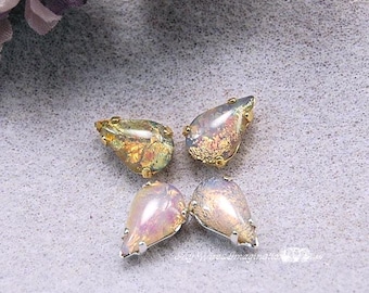 Ópalo de fuego rosa 13x7,8 mm Cristal vintage alemán occidental, 2 piezas en forma de pera con montura SP o GP