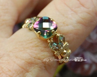 Rainbow Mystic Topaz Handmade Ring, Checkerboard Faceted Cut, Handmade Wire Wrapped Ring, Fine Jewelry, November Birthstone