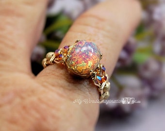 Pink Opal Ring Vintage West German 1950's Glass, Handmade Ring, October Birthstone