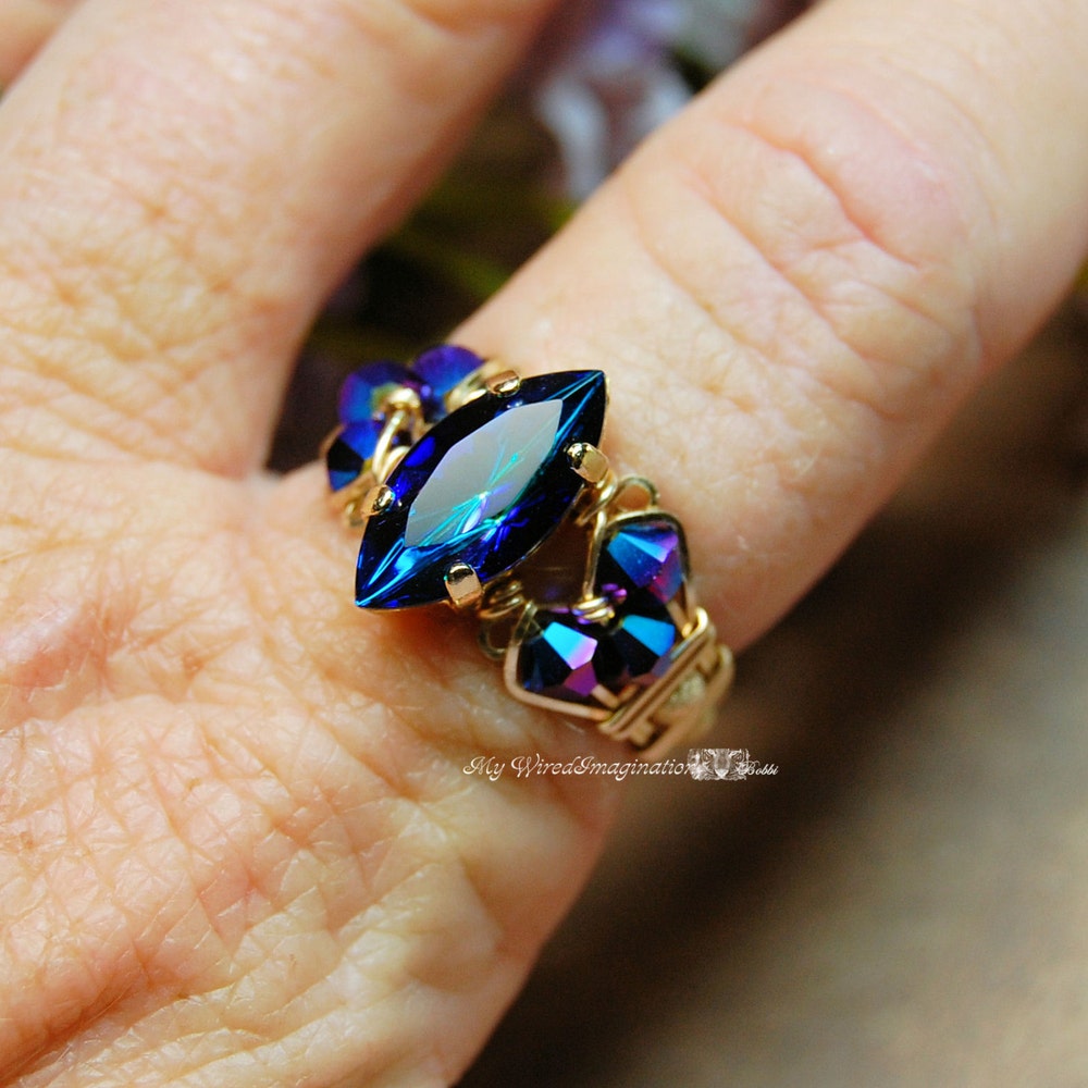 Bermuda Blue Vintage Swarovski Navette Marquise Peacock Blue image 0
