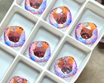 Light Rose Shimmer, 1 Pc Swarovski Crystal Rhinestone, Cushion Square 4470 10mm, With Setting