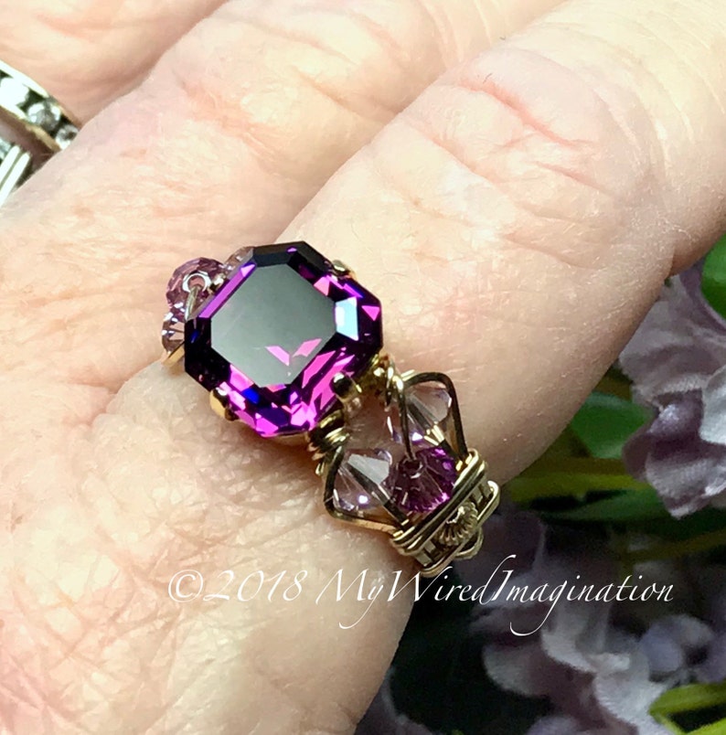 Amethyst Ring Genuine Swarovski Vintage Crystal Handmade Ring, Unique Engagement Ring, February Birthstone image 3