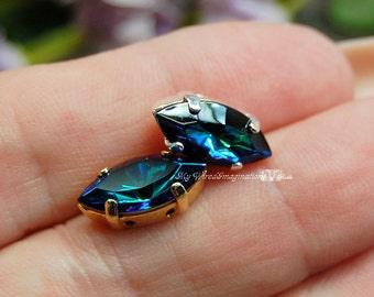 Bermuda Blue Vintage Swarovski 15x7mm Navette With Setting, 2 Pieces Crystal Sew On, Bead Embroidery Component