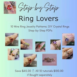May include: A digital guide titled Step-by-Step Ring Lovers featuring 10 wire ring jewellery patterns and DIY crystal ring tutorials in PDF format. The image displays various wire-wrapped rings with colourful crystals on fingers and a set of metal rings.
