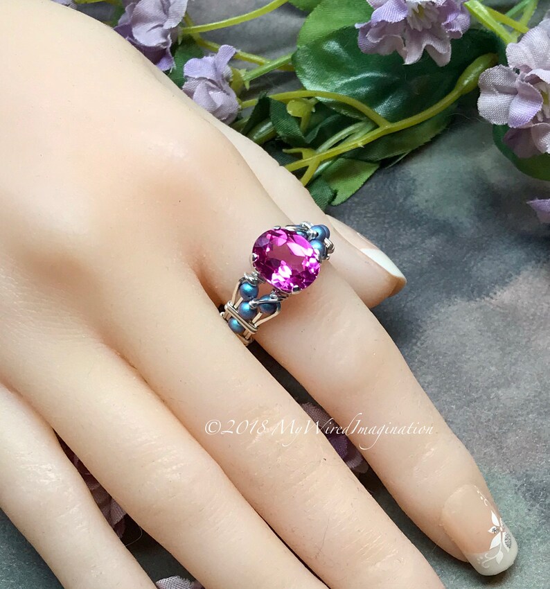 Hot Pink Sapphire Handmade Ring, with Blue Pearl or Rose Pink Crystals, Lab Created Sapphire Swarovski Pearl Ring image 9