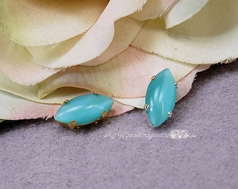 Aqua Moonstone Glass Crystal 2 Pcs 15x7mm Navette 4200 With Prong Setting, Bead Embroidery Component