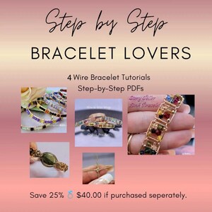 以下が含まれることがあります： Step by Step BRACELET LOVERSというタイトルのデジタルガイドで、4つのワイヤーブレスレットチュートリアルとステップバイステップのPDFが含まれています。画像には、カラフルなクリスタルを使用した様々なワイヤーラップブレスレットや、ワイヤーラッピングの技術が示されています。