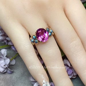 Hot Pink Sapphire Handmade Ring, with Blue Pearl or Rose Pink Crystals, Lab Created Sapphire Swarovski Pearl Ring image 6