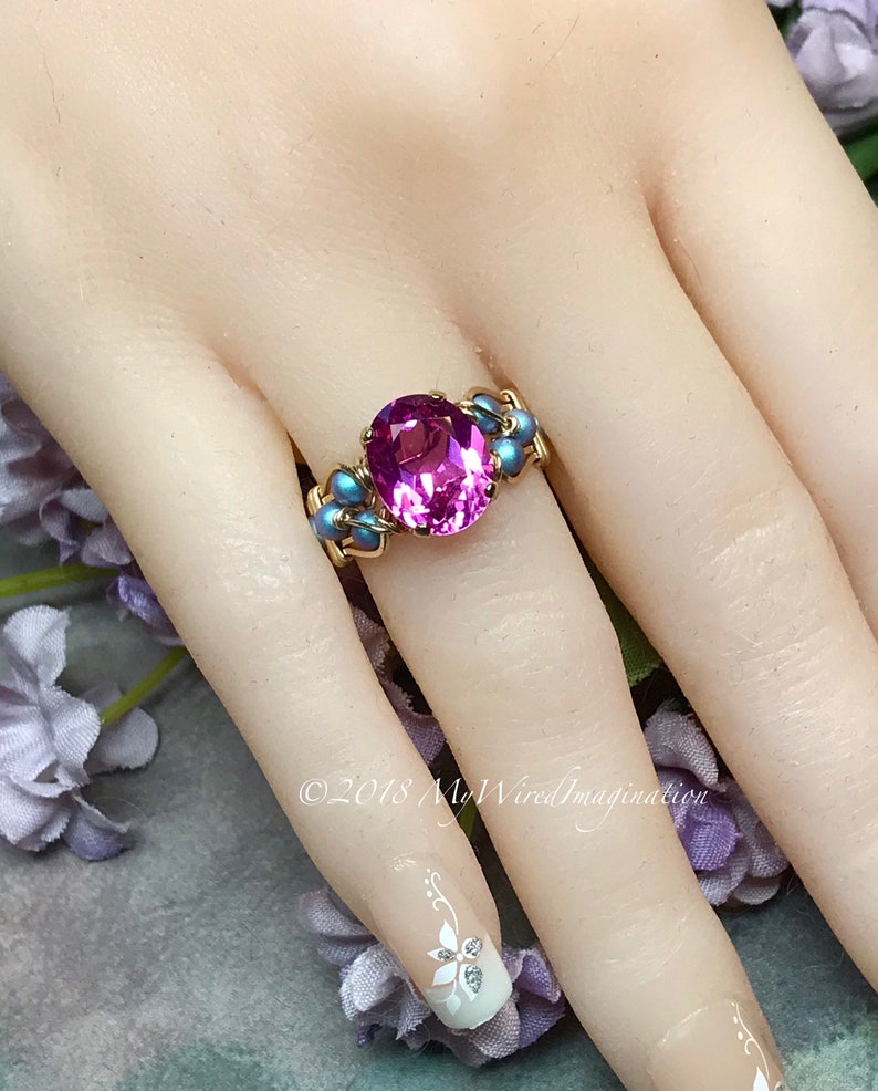 Hot Pink Sapphire Handmade Ring, with Blue Pearl or Rose Pink Crystals, Lab Created Sapphire Swarovski Pearl Ring image 6