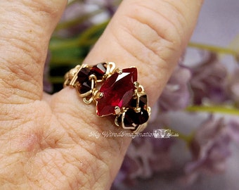 Siam Ruby Red Navette-Marquise Handmade Ring, Dark and Dreamy Ruby Red, July Birthstone