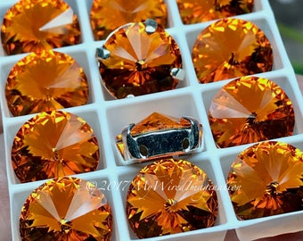 Tangerine Orange 1 Pc Swarovski 10mm Rivoli Crystal, Art 1122, Rhinestone Crystal with Setting, Tangerine Orange 10mm Rivoli