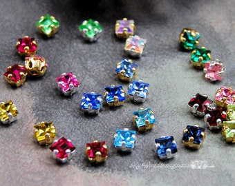 4 Pcs Vintage Swarovski Crystal 4mm Square Rhinestone Sew On 42 Colors With Prong Settings Crystal Sew On, Bead Embroidery