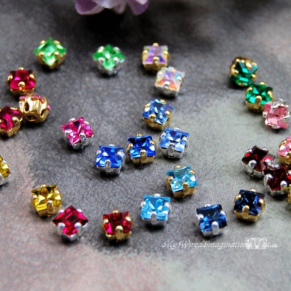 4 Pcs Vintage Swarovski Crystal 4mm Square Rhinestone Sew On 42 Colors With Prong Settings Crystal Sew On, Bead Embroidery