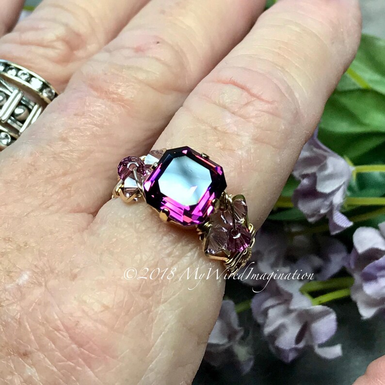 Amethyst Ring Genuine Swarovski Vintage Crystal Handmade Ring, Unique Engagement Ring, February Birthstone image 4