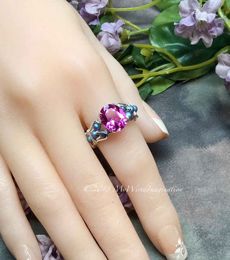 Hot Pink Sapphire Handmade Ring, with Blue Pearl or Rose Pink Crystals, Lab Created Sapphire Swarovski Pearl Ring image 5