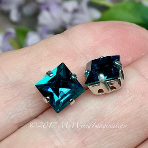 Blue Zircon 8mm Vintage Swarovski, 1 Piece Genuine Swarovski, Art 4400 Square with Sew On Type Setting, December Birthstone, Teal Blue