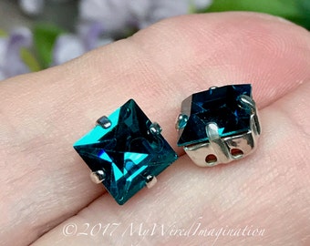 Blue Zircon 8mm Vintage Swarovski, 1 Piece Genuine Swarovski, Art 4400 Square with Sew On Type Setting, December Birthstone, Teal Blue