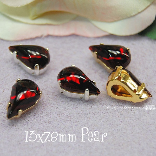 Vintage Bombay Dark Ruby Red Glass Cabochon, 13 x 7.8mm Pears With Sew On Prong Setting, Choose 2 or 4 Pieces Vintage Crystal in Settings