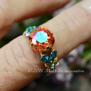 LAST ONE Fiery Astral Pink Swarovski Crystal Handmade Ring, Astral Pink & Blue Zircon AB, or Topaz ab, Unique Engagement, Statement Ring