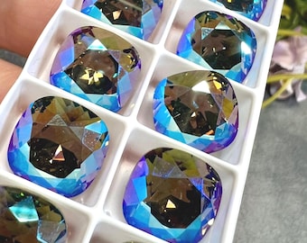 Swarovski Black Diamond Shimmer, quadrato taglio cuscino 4470 da 12 mm, con montatura, ricamo JBeading