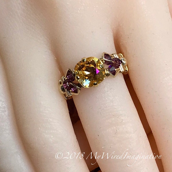 LAST ONE Swarovski Crystal Handmade Ring, Amber Blush and Amethyst, Unique Engagement Anniversary Gift