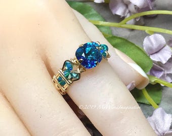Bague vintage faite main en cristal de Swarovski bleu Bermudes, anniversaire de fiançailles unique