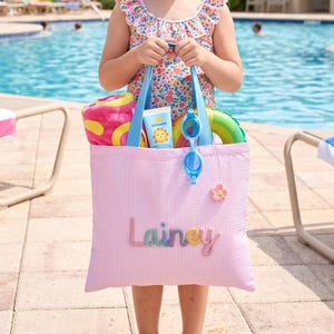Bolso de playa personalizado / Bolso de mano con nombre infantil / Regalos para la vuelta al cole / Bolso de mano a rayas