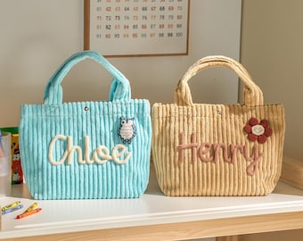 Personalized Corduroy Kids Lunch Bag: Chunky Knit Name Patch