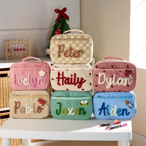 Personalized Kids Lunch Bag: Corduroy Strawberry Design, Knitted Name