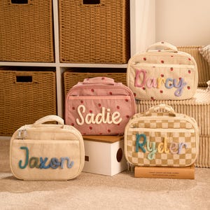 Personalized Kids Lunch Bag: Corduroy Strawberry Design, Knitted Name